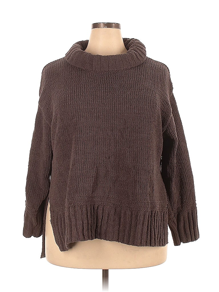 Terra & Sky 100% Polyester Color Block Solid Brown Turtleneck Sweater Size 1X (Plus) - photo 1
