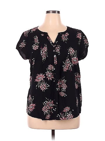 Sonoma Goods for Life 100% Rayon Floral Black Short Sleeve Blouse