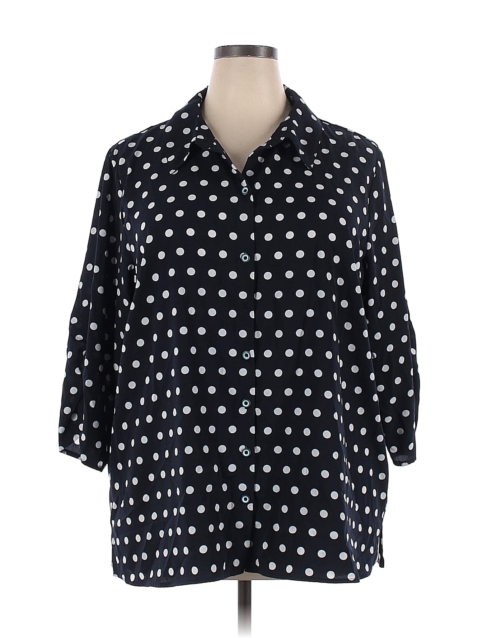 Susan Graver 100 Polyester Polka Dots Black Blue Long Sleeve Blouse