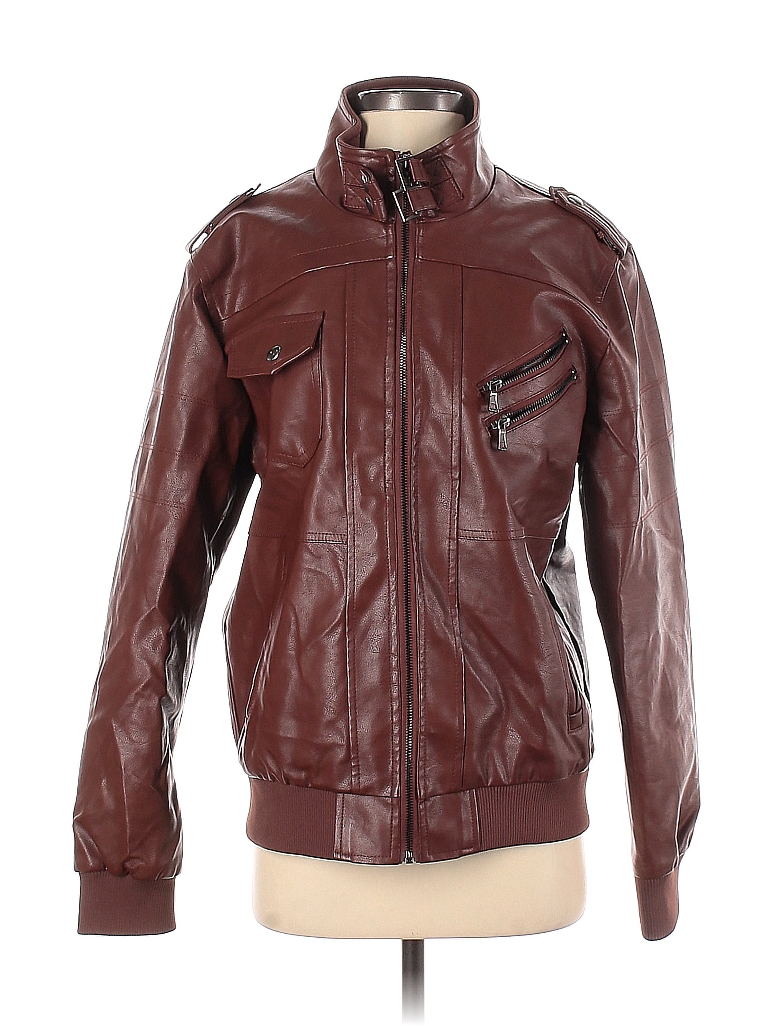 Assorted Brands Solid Brown Faux Leather Jacket Size S 59 off ThredUp