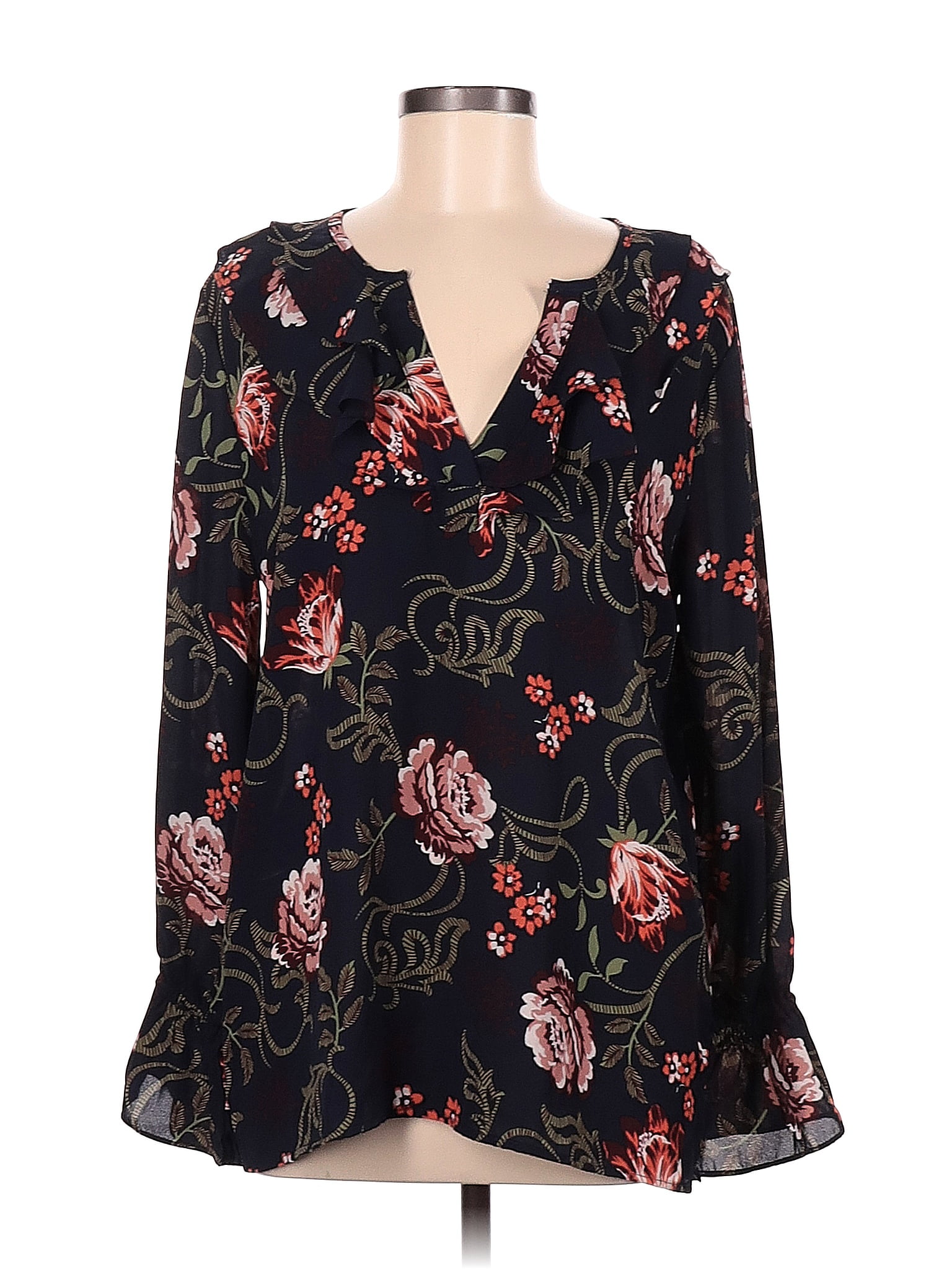 Ann Taylor LOFT Outlet 100 Polyester Floral Black Blue Long Sleeve