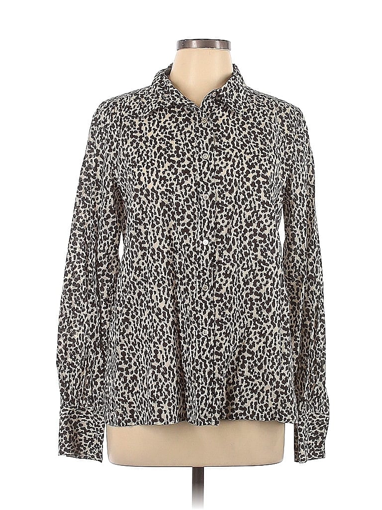 J.Crew 100% Cotton Animal Print Leopard Print Zebra Print Brown Ivory Long Sleeve Button-Down Shirt Size 12 - photo 1