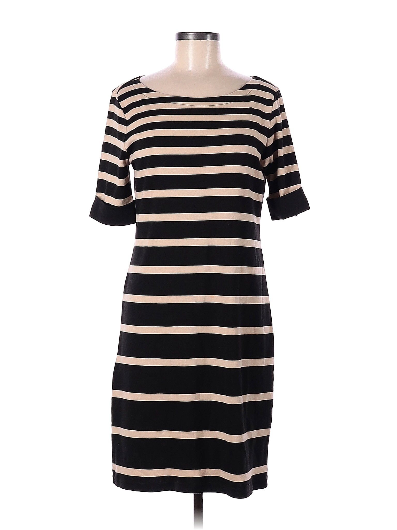 Karen Scott Sport 100% Cotton Stripes Black Tan Casual Dress Size M ...