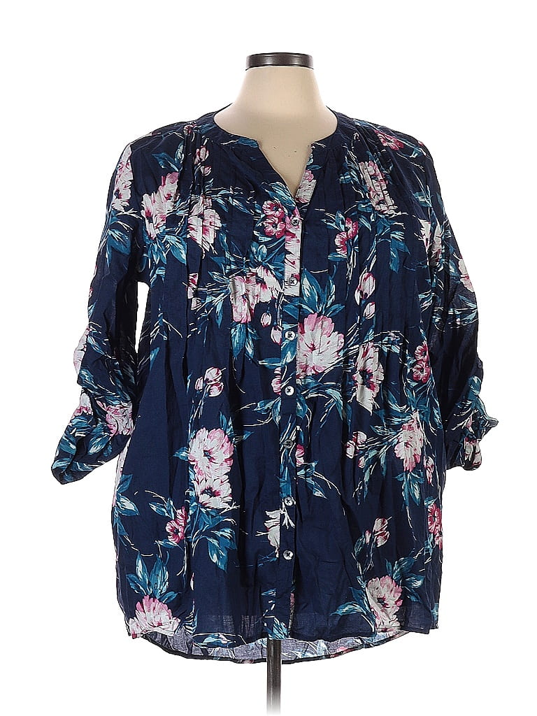 Roaman's 100% Cotton Floral Navy Blue 3/4 Sleeve Button-Down Shirt Size 22 (Plus) - photo 1