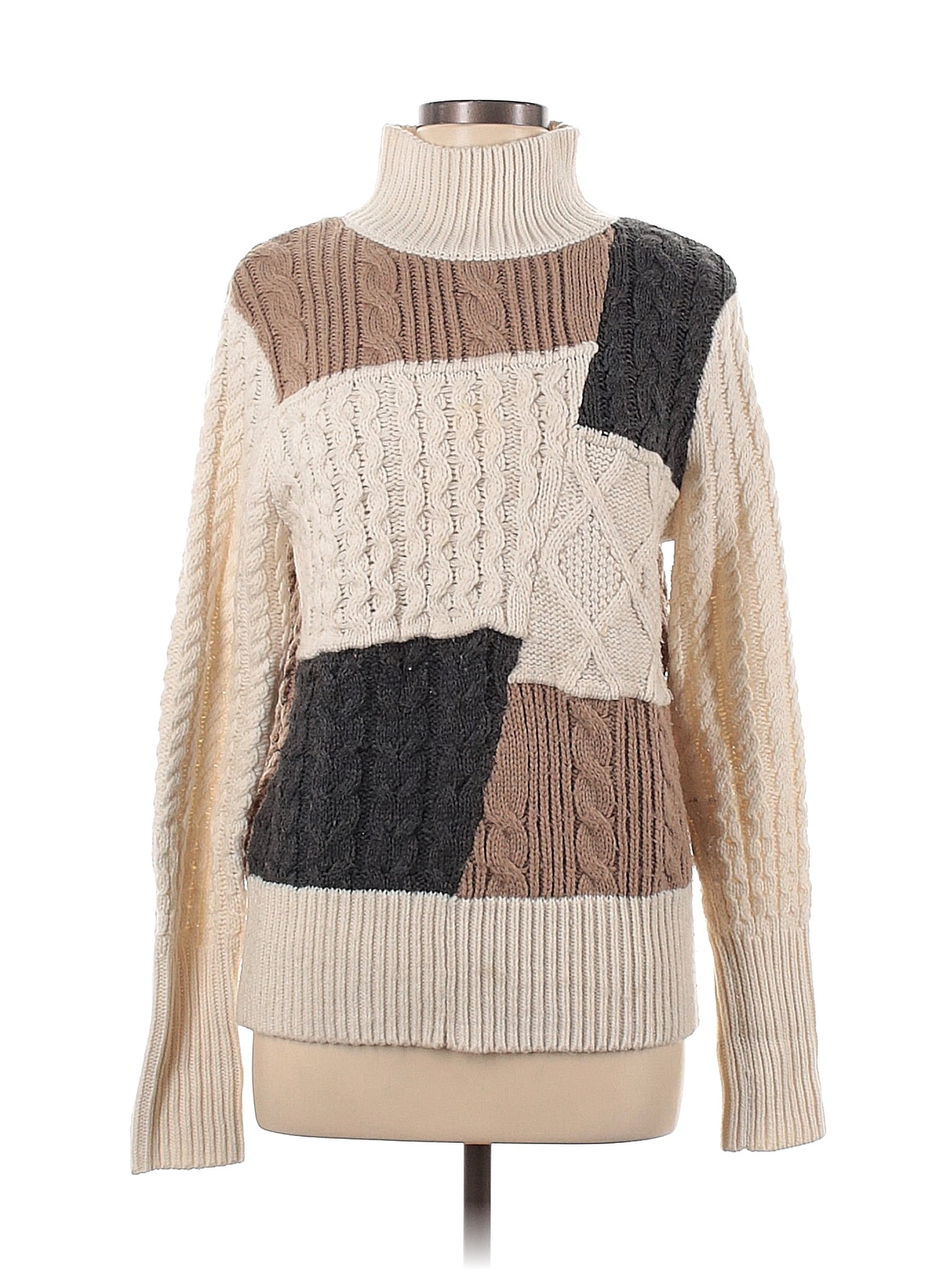 Ivanka Trump 100 Acrylic Color Block Tan Turtleneck Sweater Size M