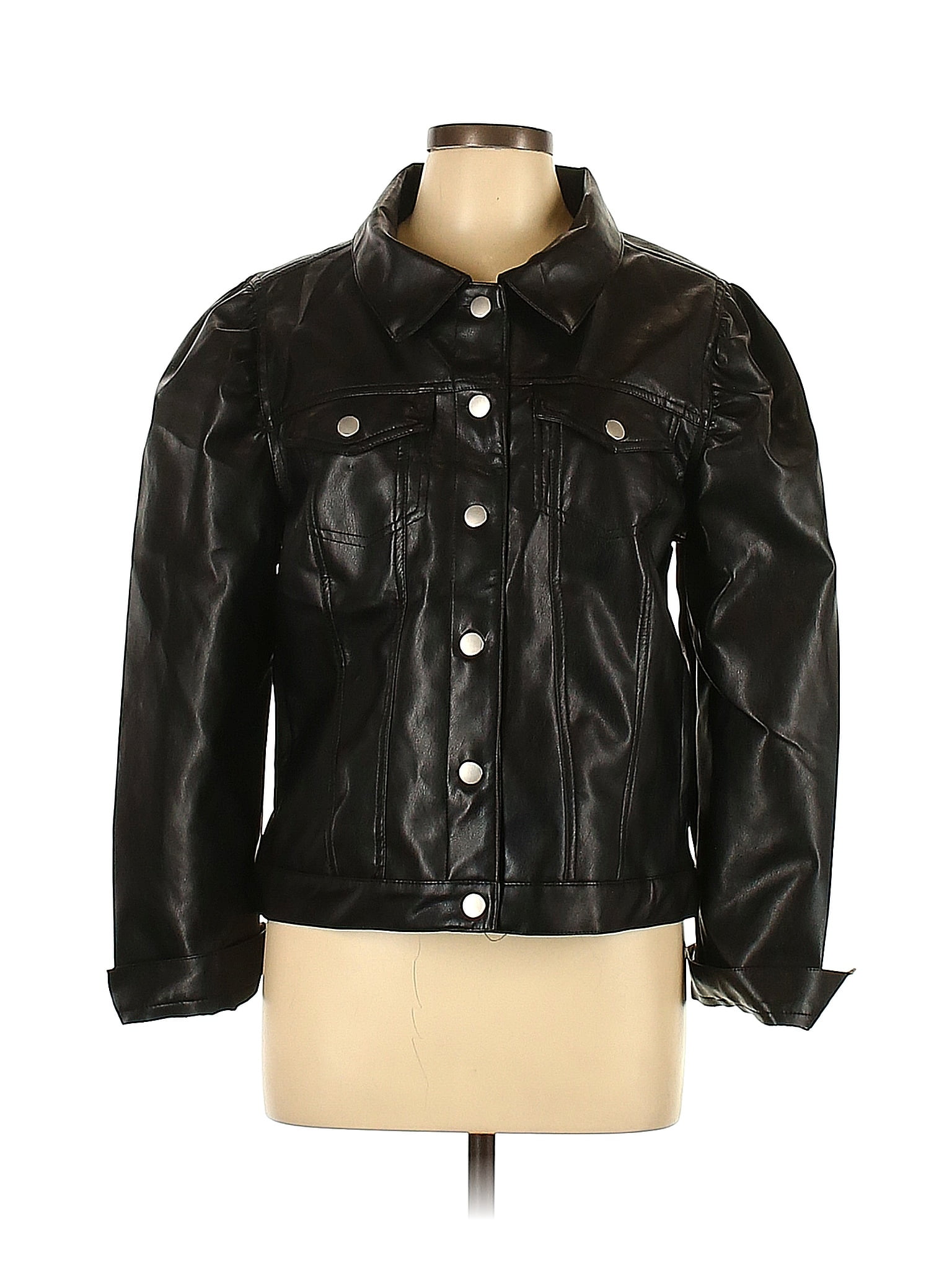 Aqua 100 Polyurethane Solid Black Faux Leather Jacket Size L 63 off