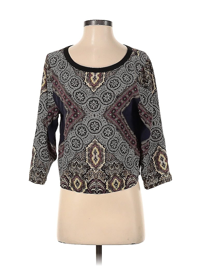 Kachel 100% Silk Aztec Or Tribal Print Gray Brown Long Sleeve Silk Top Size 4 - photo 1