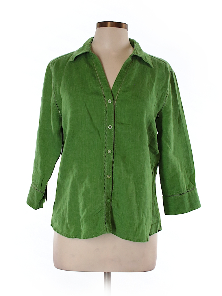 Eddie Bauer 100% Linen Solid Green 3/4 Sleeve Button-Down Shirt Size L ...