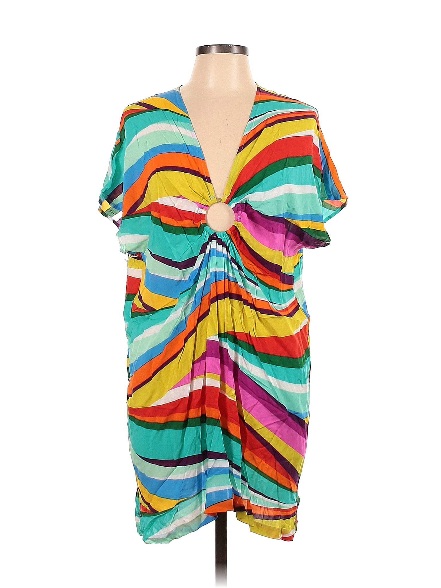 Bleu Rod Beattie 100 Rayon Stripes Multi Color Blue Casual Dress Size