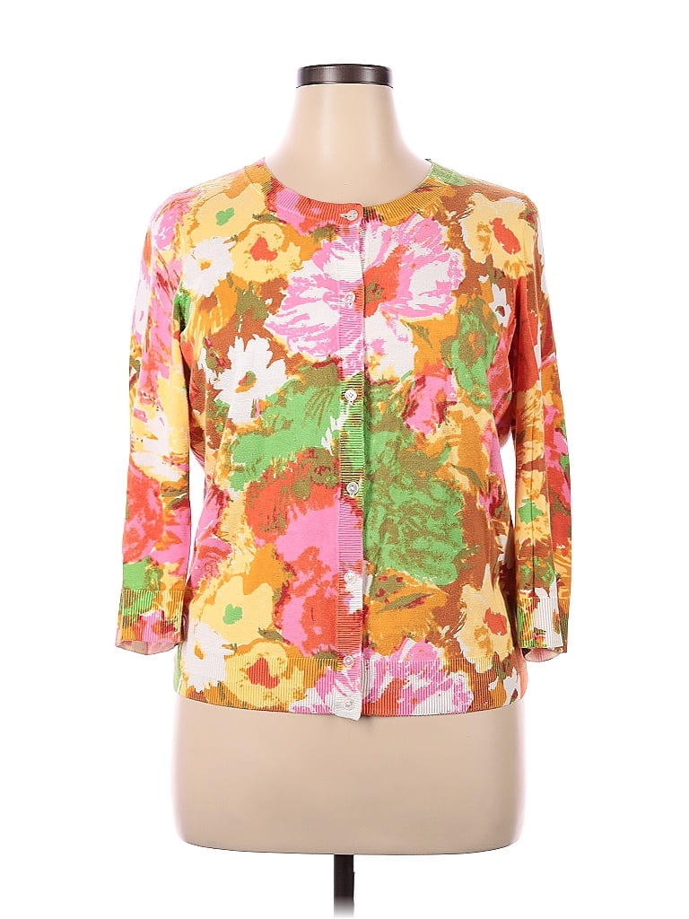 Talbots Colorblock Talbots Color Block Floral Multi Color Orange Cardigan Size XL - 76% ...