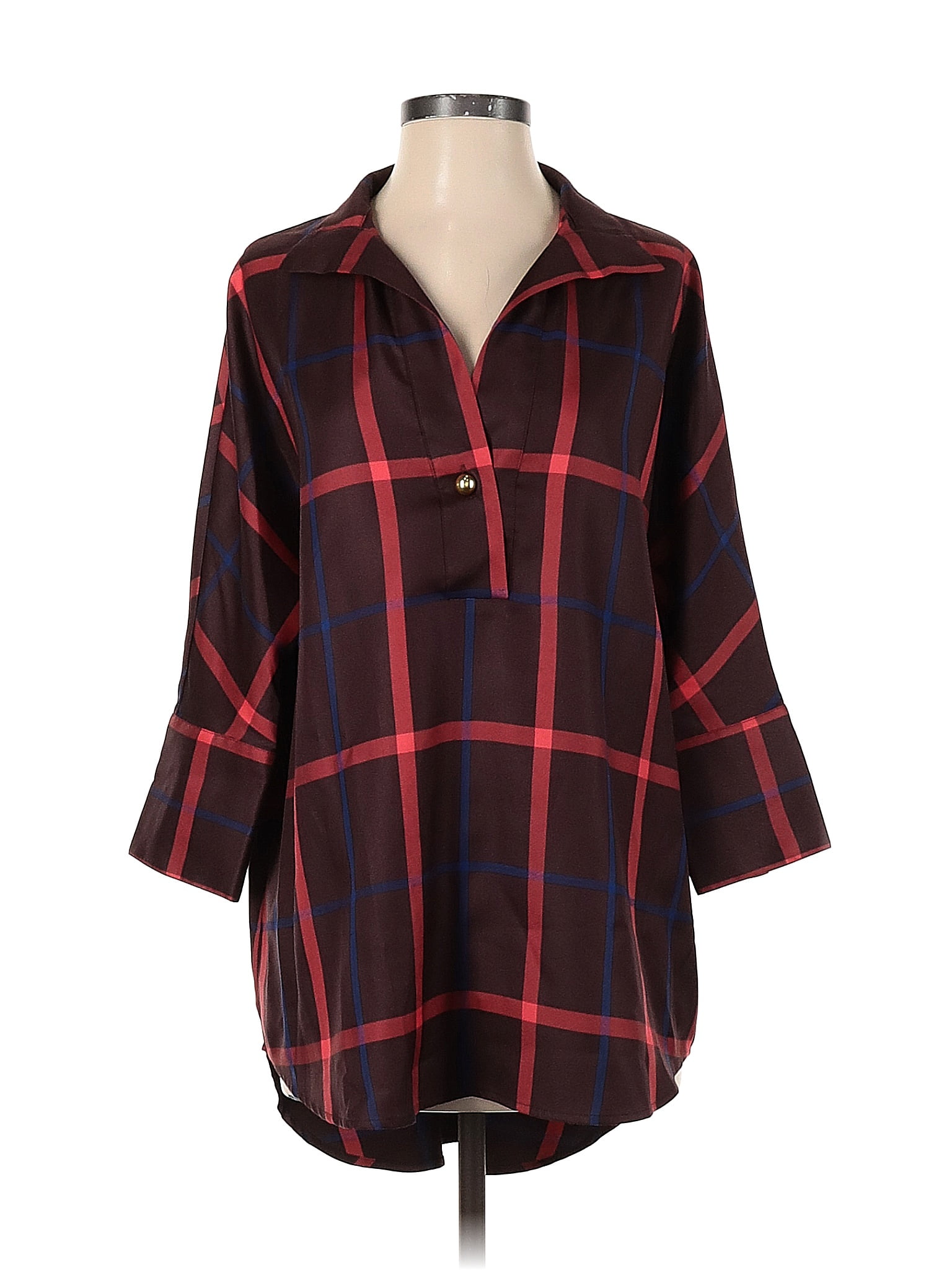 Tuckernuck 100% Polyester Color Block Plaid Burgundy Long Sleeve Blouse ...