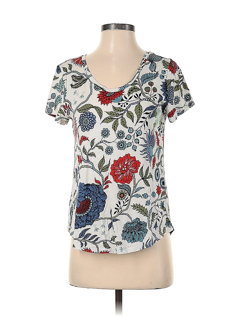 Ann Taylor LOFT 100% Cotton Floral White Blue Short Sleeve T-Shirt Size ...