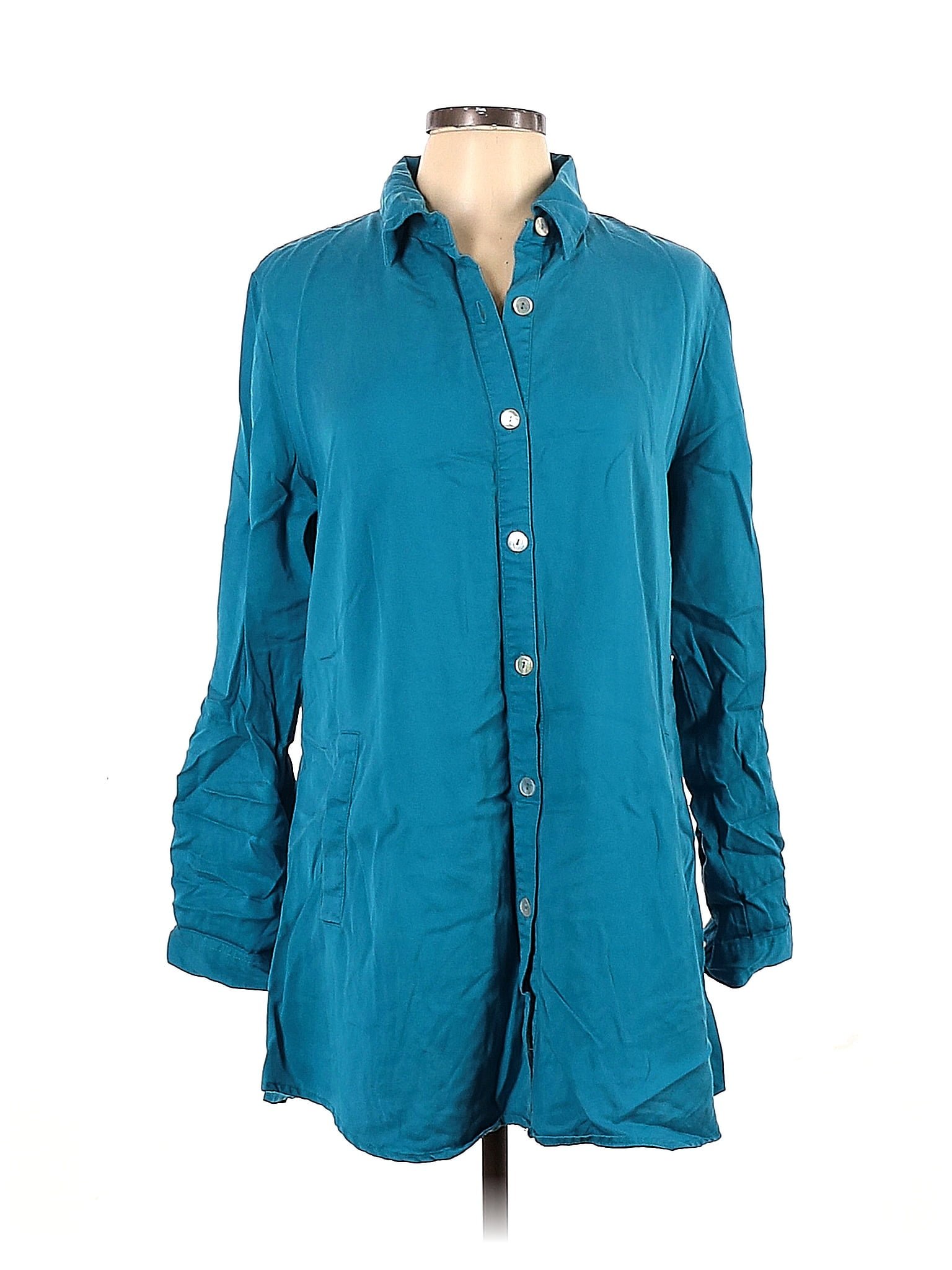 Soft Surroundings 100 Tencel Blue Long Sleeve Button Down Shirt Size L