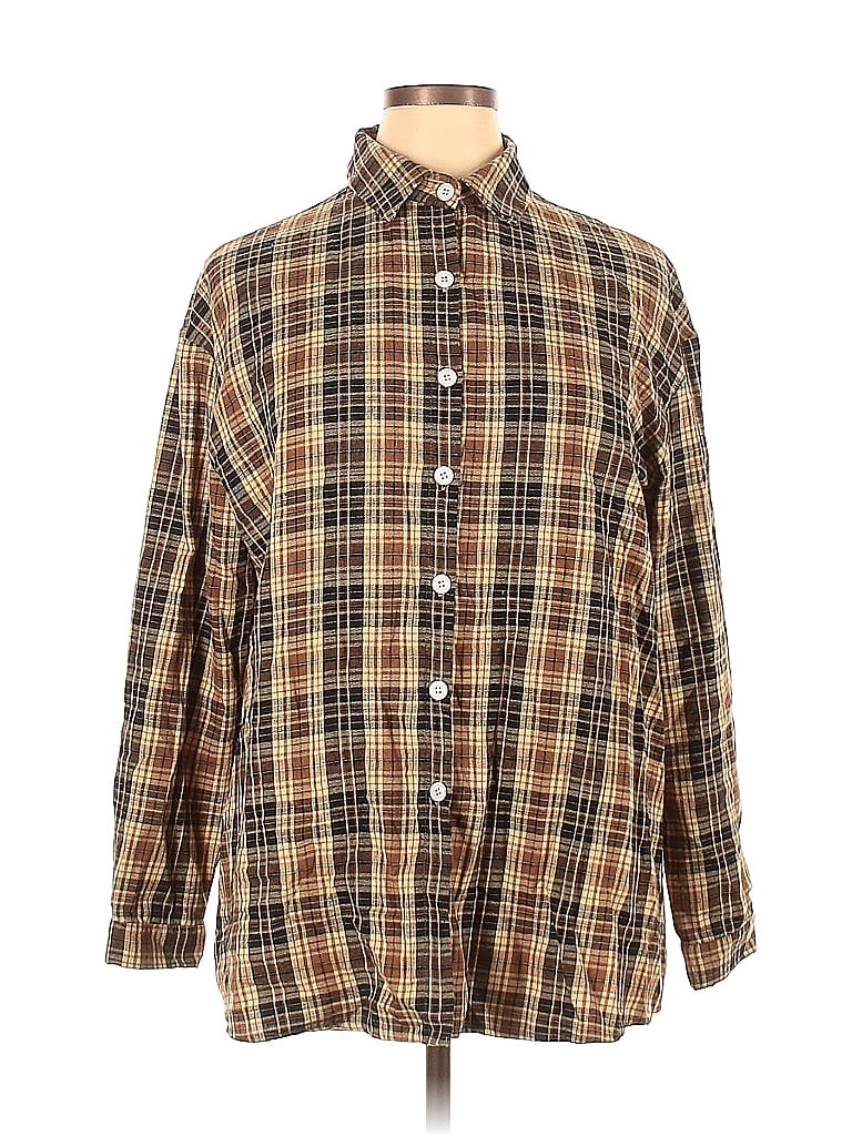 Unbranded Checkered-gingham Grid Plaid Tweed Brown Long Sleeve Button-Down Shirt Size XL - photo 1