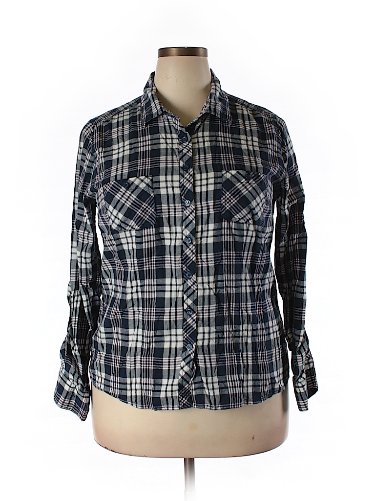 Faded Glory 100% Cotton Plaid Navy Blue Long Sleeve Button-Down Shirt ...