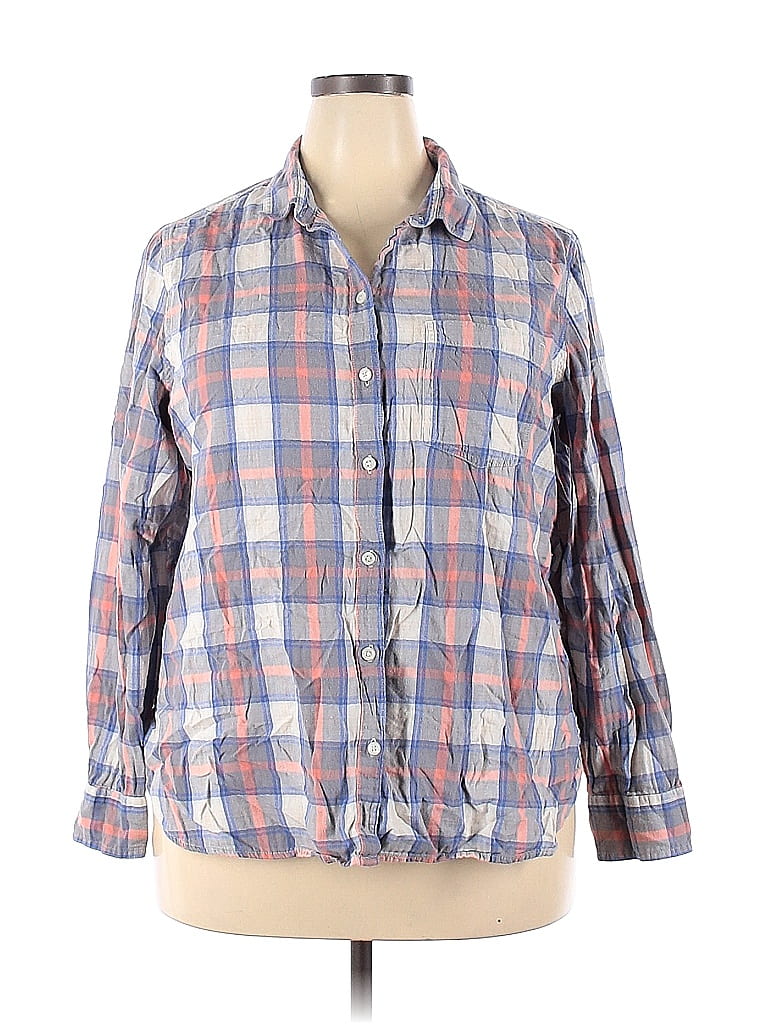 Old Navy 100% Cotton Checkered-gingham Plaid Blue White Long Sleeve Button-Down Shirt Size XXL - photo 1