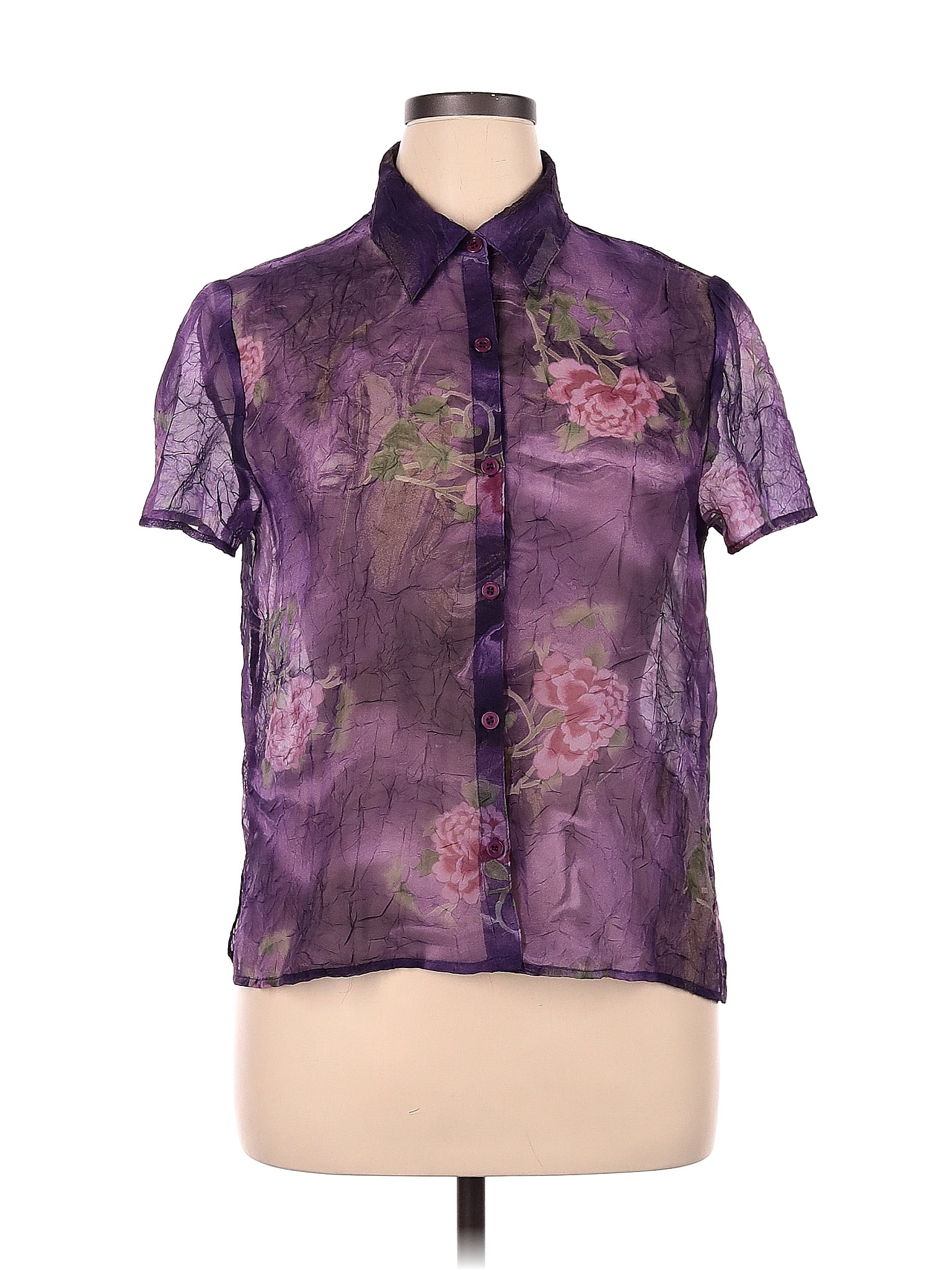 Koret 100 Polyester Color Block Floral Purple Short Sleeve Blouse Size