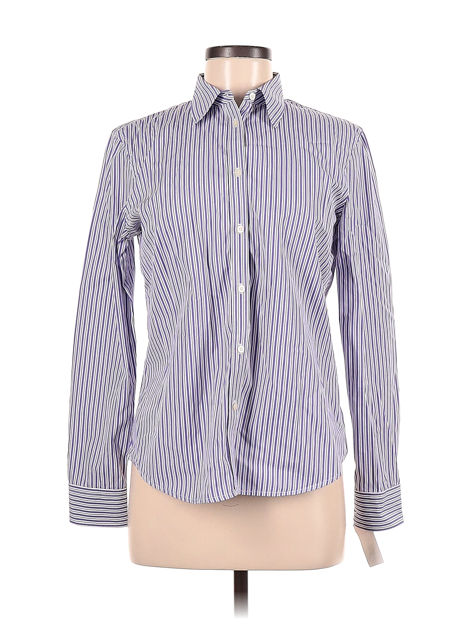 Lauren by Ralph Lauren 100% Cotton Stripes Blue Long Sleeve Button-Down ...