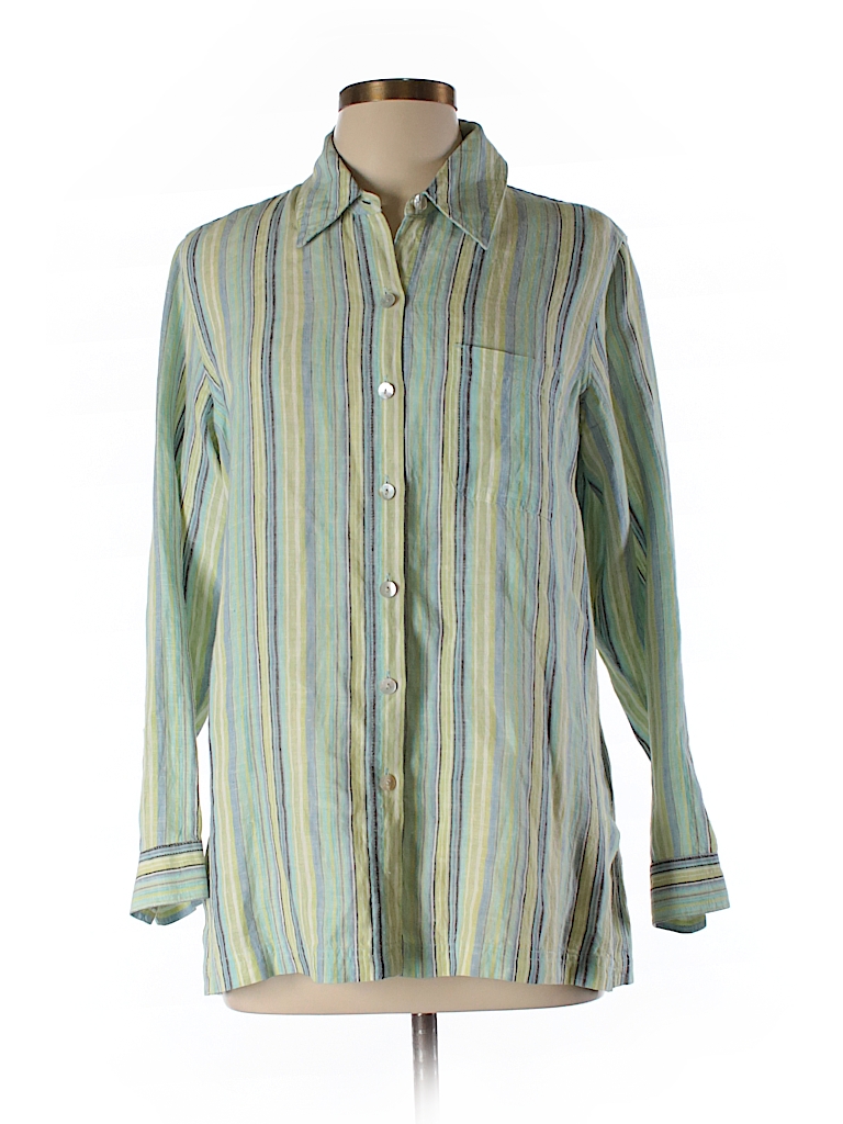 Sigrid Olsen 100% Linen Stripes Wild Willow Long Sleeve Button-Down ...