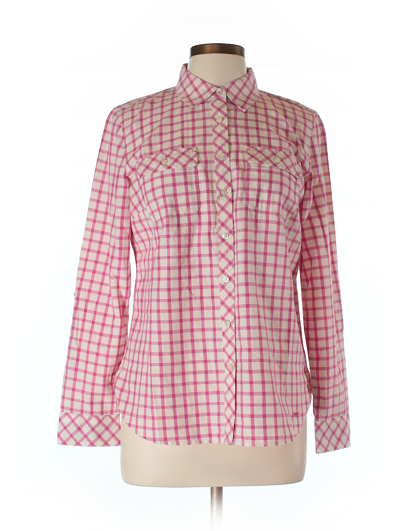 Talbots Checkered-gingham Pink Long Sleeve Button-Down Shirt Size M ...