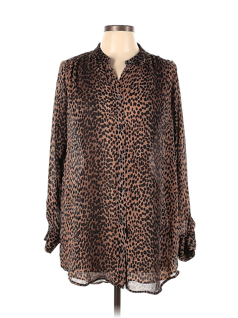 H&M 100% Polyester Snake Print Animal Print Leopard Print Brown Long Sleeve Blouse Size 12 - photo 1