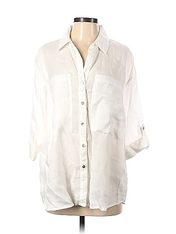 Magaschoni 100% Linen White 3/4 Sleeve Button-Down Shirt Size XS