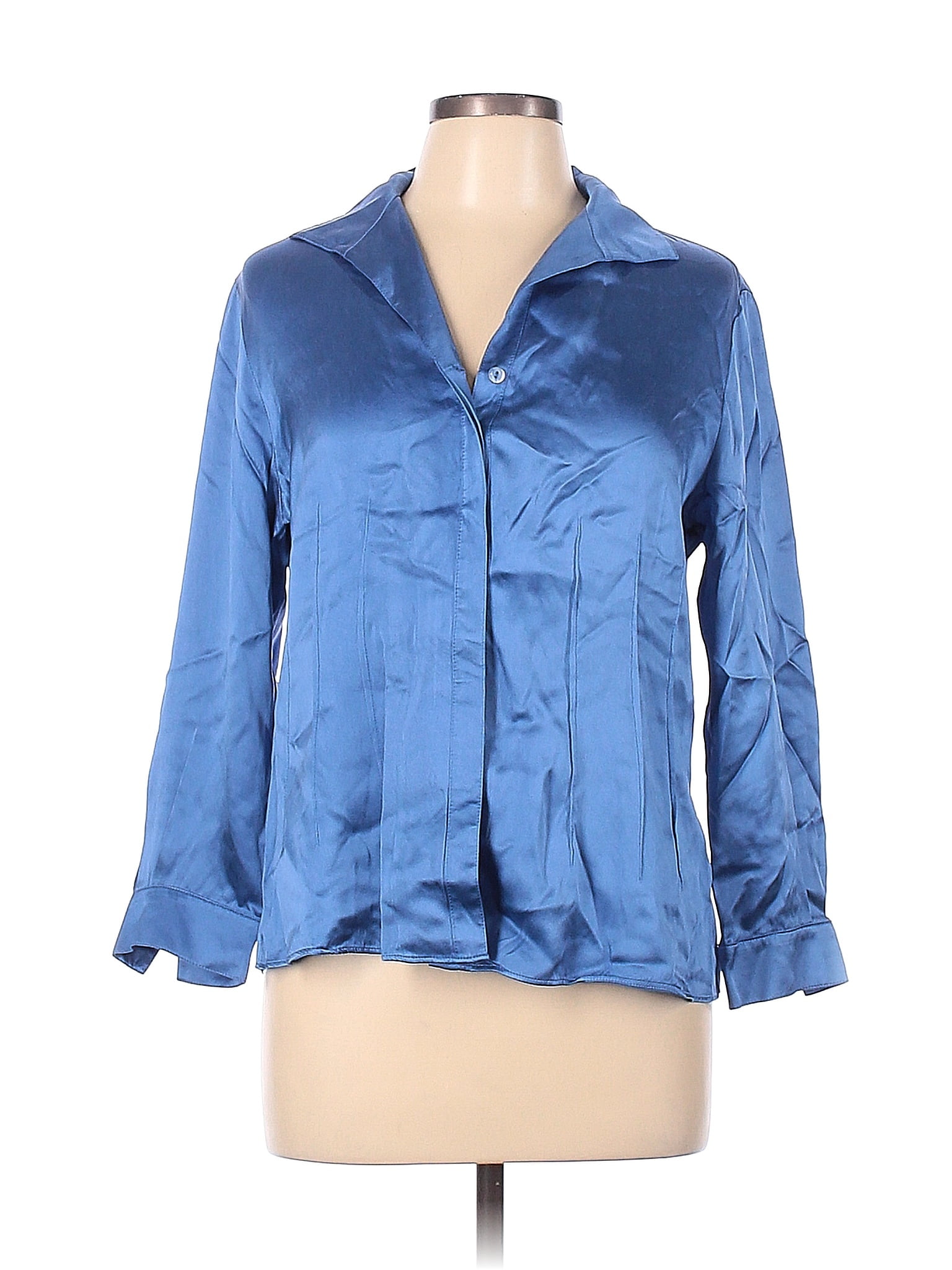 Lafayette 148 New York 100% Silk Solid Blue Long Sleeve Silk Top Size ...