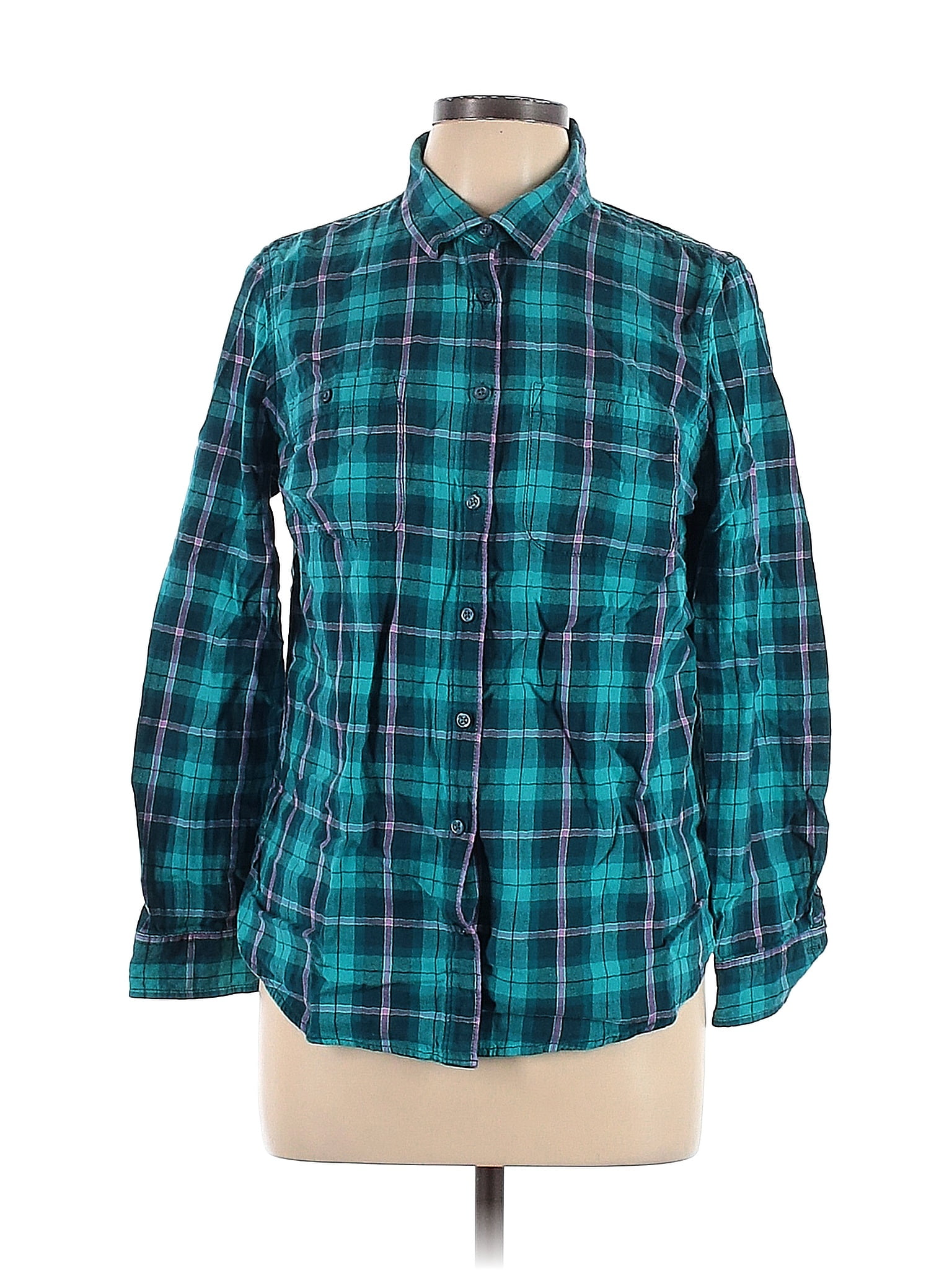 St. John's Bay 100% Cotton Plaid Teal Blue Long Sleeve Button-Down ...