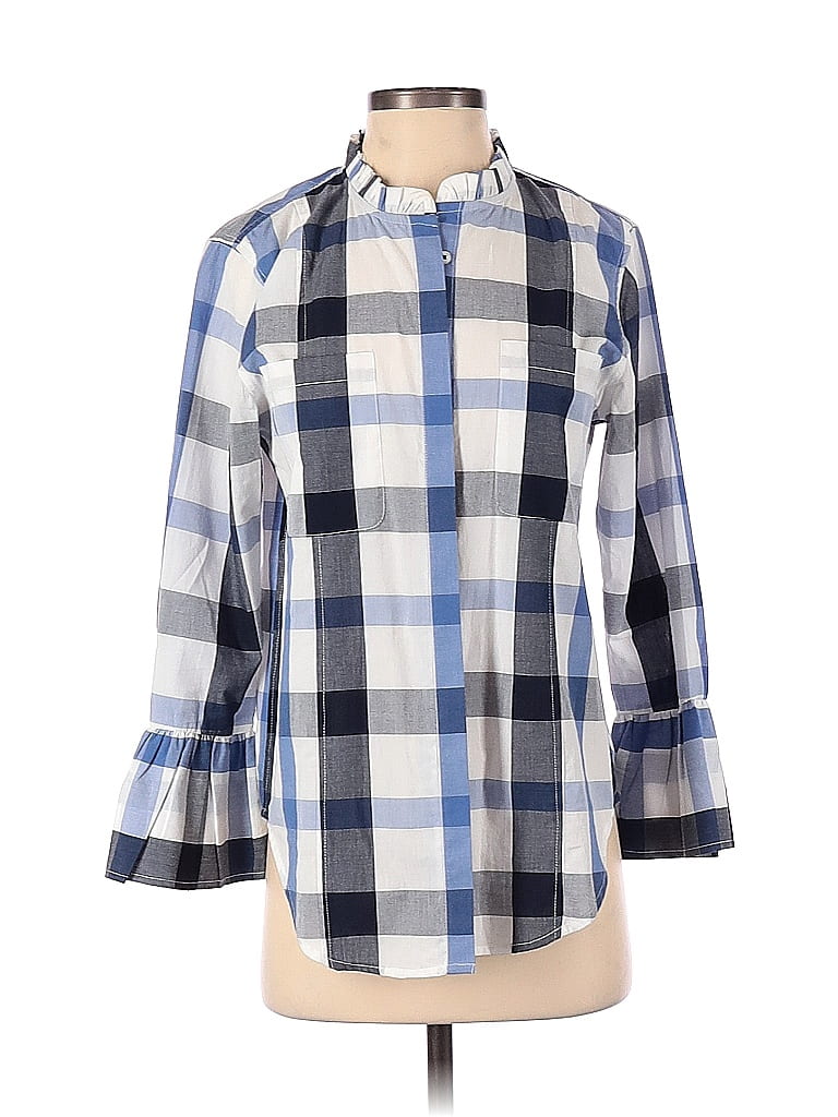 Tizzie 100% Cotton Checkered-gingham Plaid Blue Long Sleeve Blouse Size S - photo 1