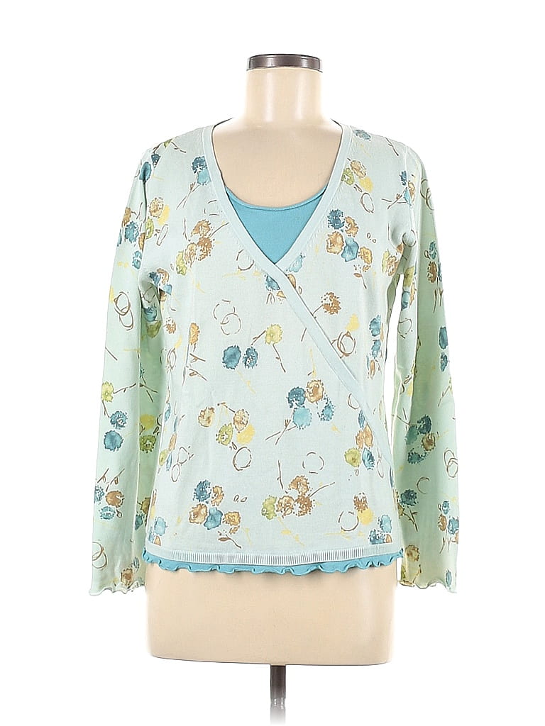 J.Jill 100% Cotton Floral Motif Batik Teal Pullover Sweater Size M - photo 1