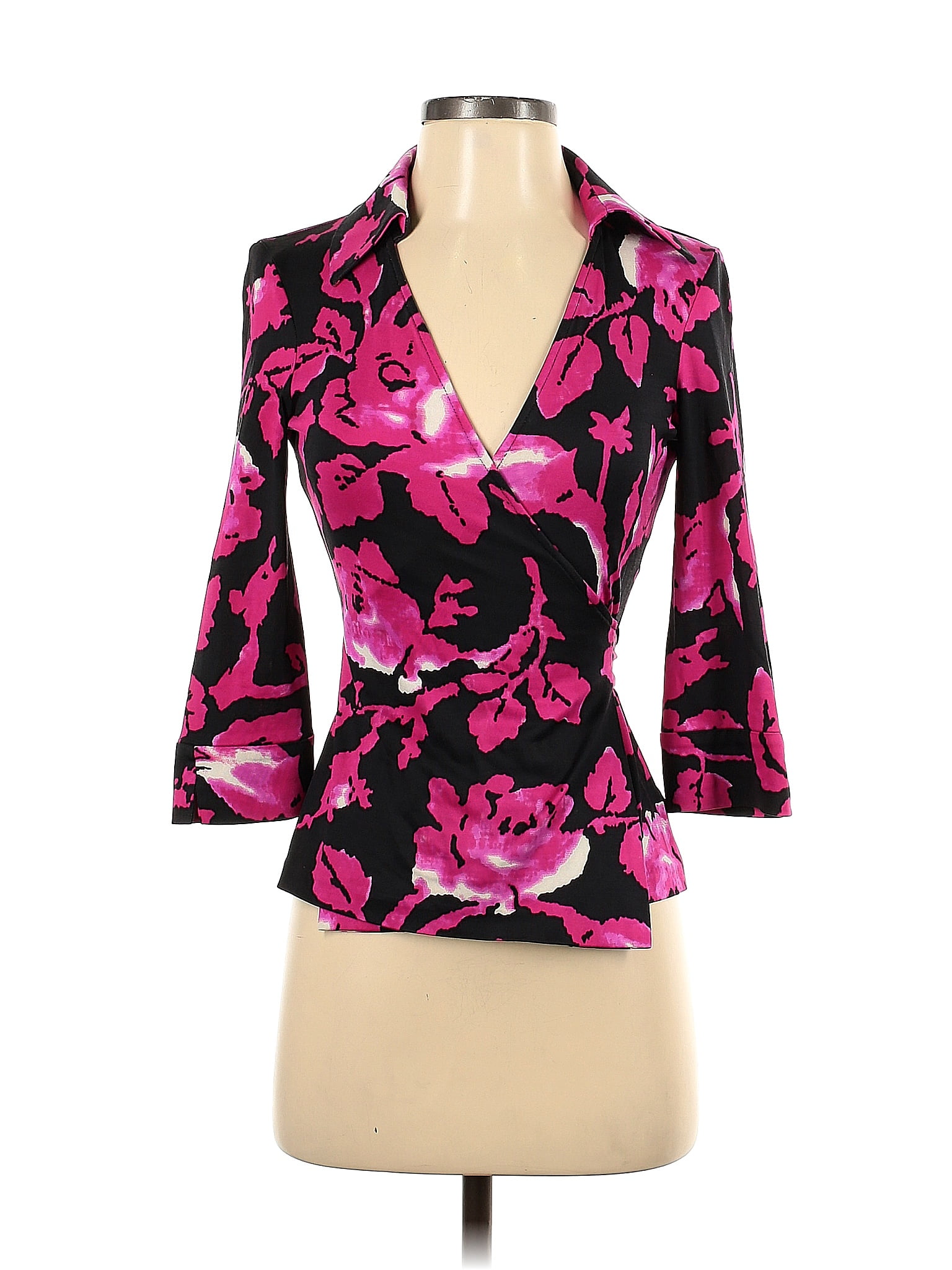 Diane Von Furstenberg 100 Silk Floral Pink 3 4 Sleeve Silk Top Size 4