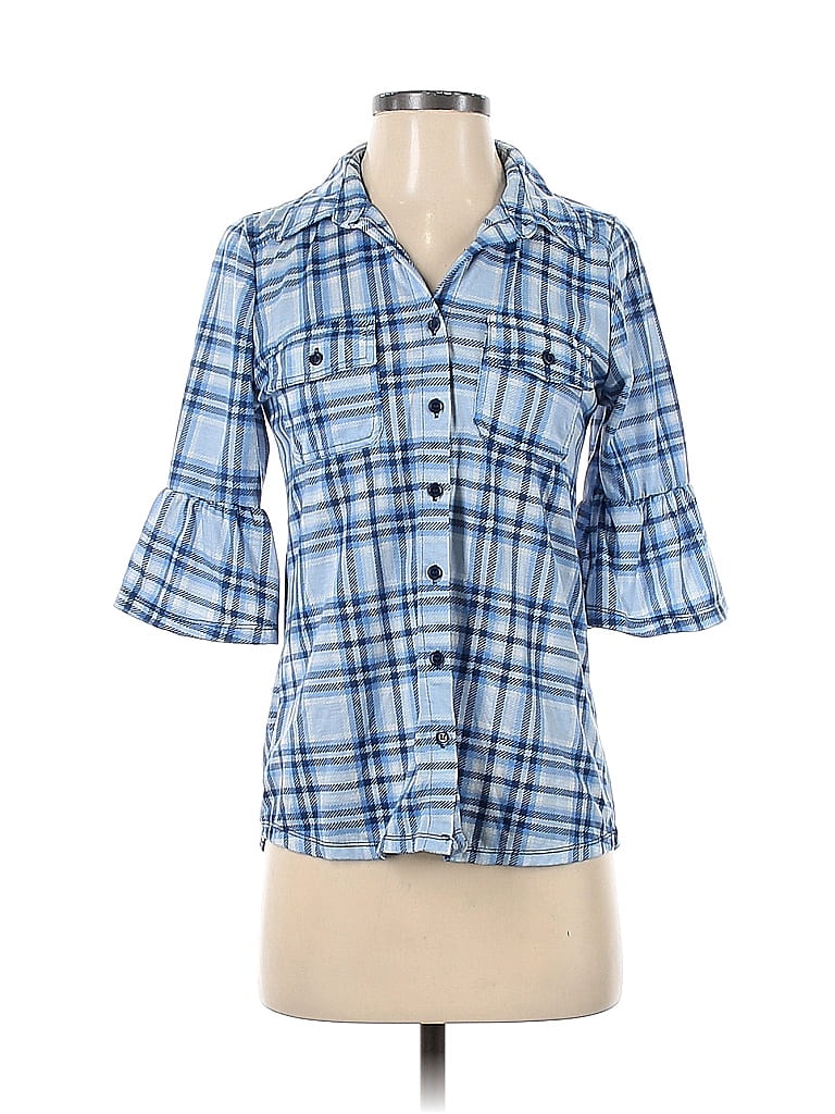 New York Laundry 100% Polyester Plaid Blue Short Sleeve Blouse Size S - photo 1
