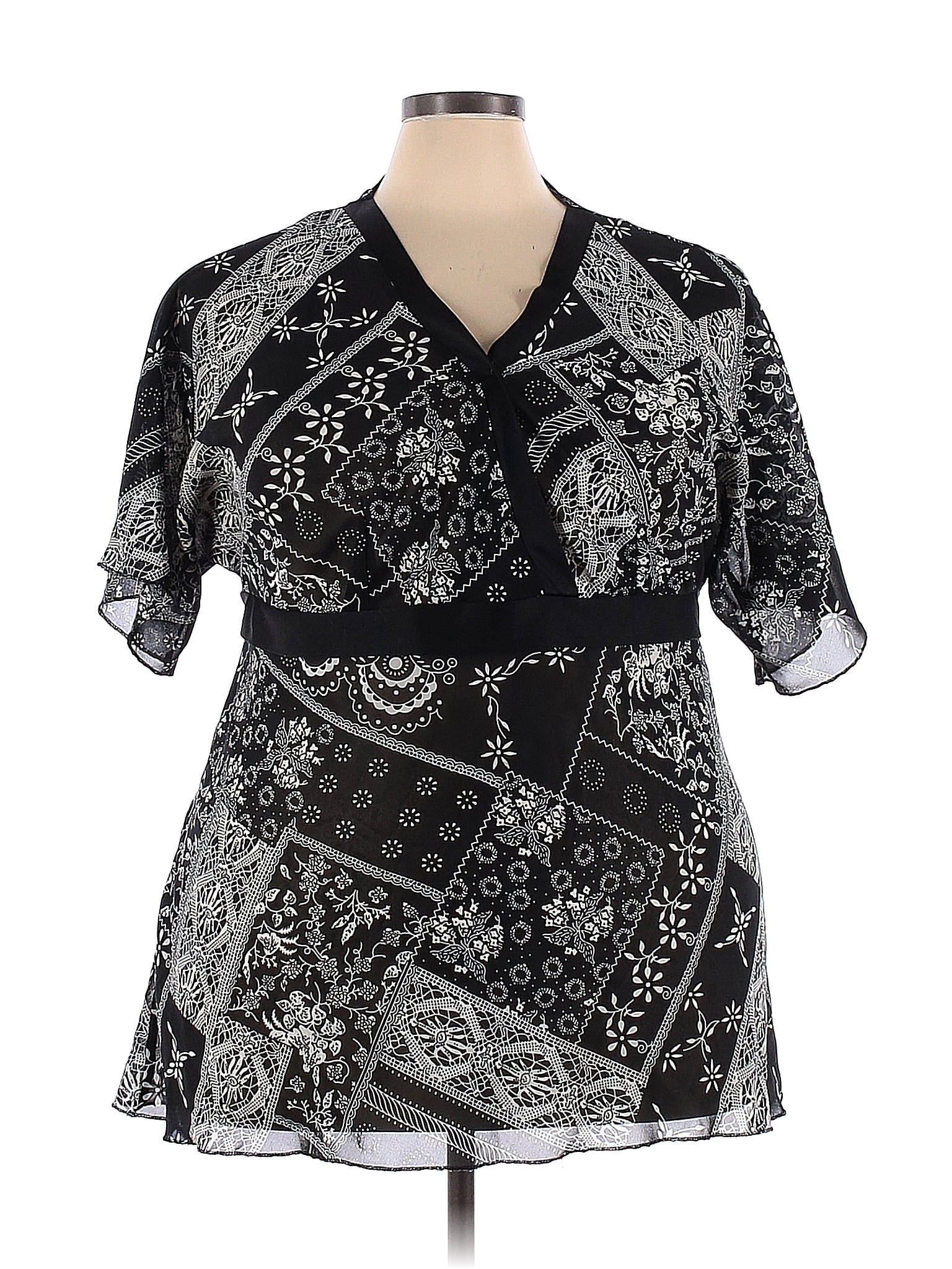 Kaktus 100 Polyester Color Block Paisley Black Short Sleeve Blouse