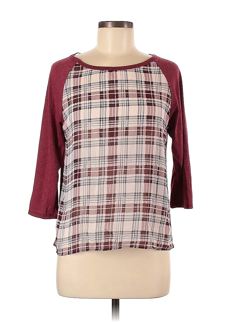 Elodie Checkered-gingham Plaid Tweed Burgundy Long Sleeve T-Shirt Size M - photo 1