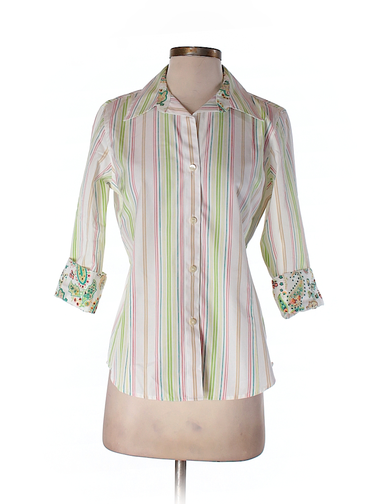 Liz Claiborne 100% Cotton Paisley Stripes White 3/4 Sleeve Button-Down ...