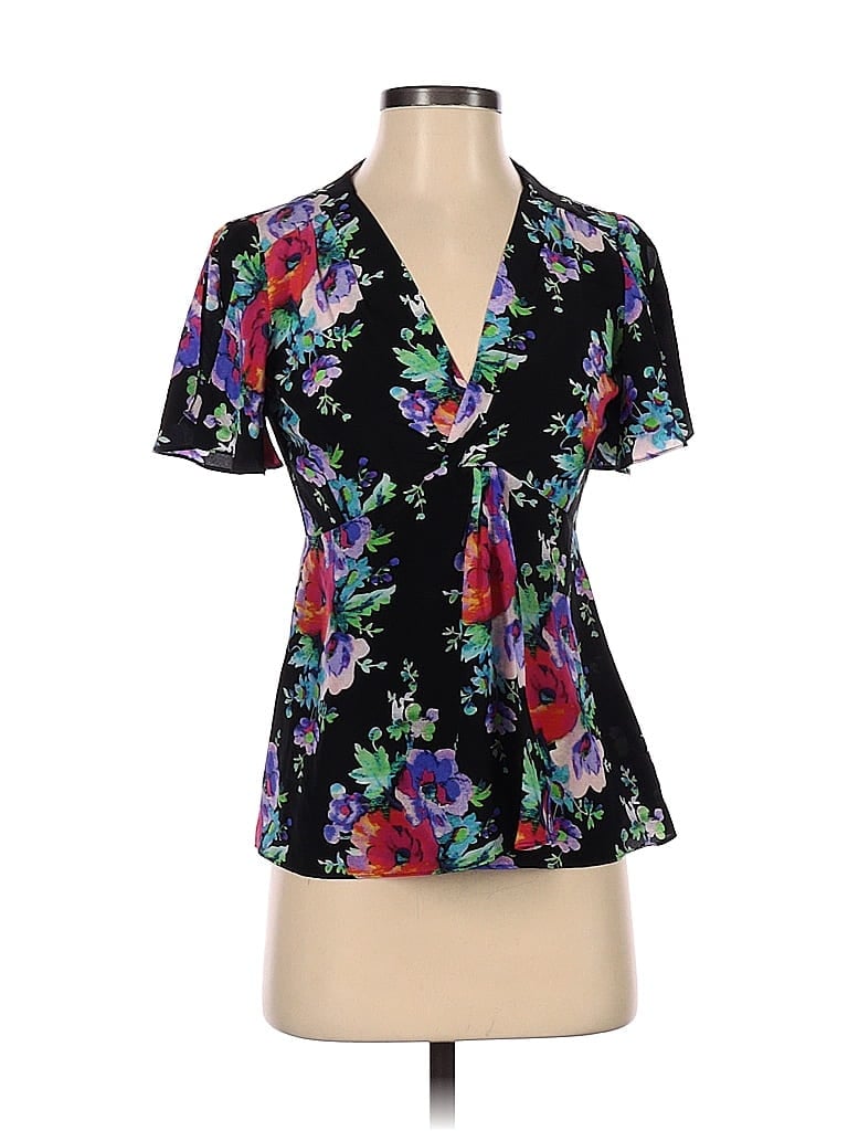 Click to view more detailed imagery on our partner's website Pre-owned Nanette Lepore Short Sleeve Silk Top Black Plunge Neckline Tops