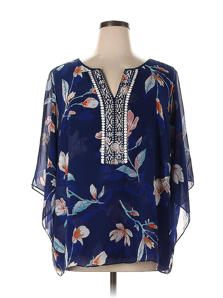 Belle By Kim Gravel 100% Polyester Floral Blue 3/4 Sleeve Blouse Size ...