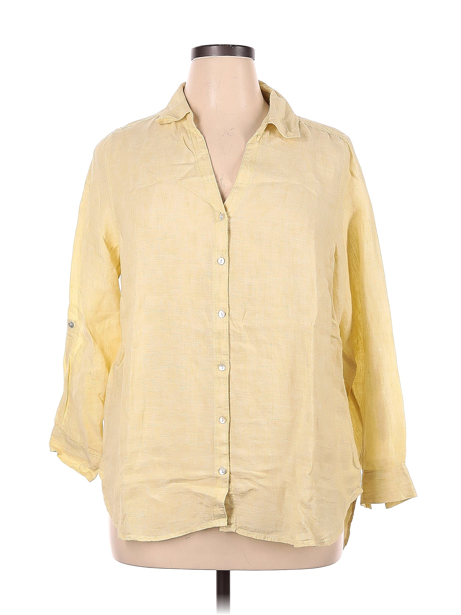 Sigrid Olsen 100% Linen Yellow Long Sleeve Button-Down Shirt Size 1X ...