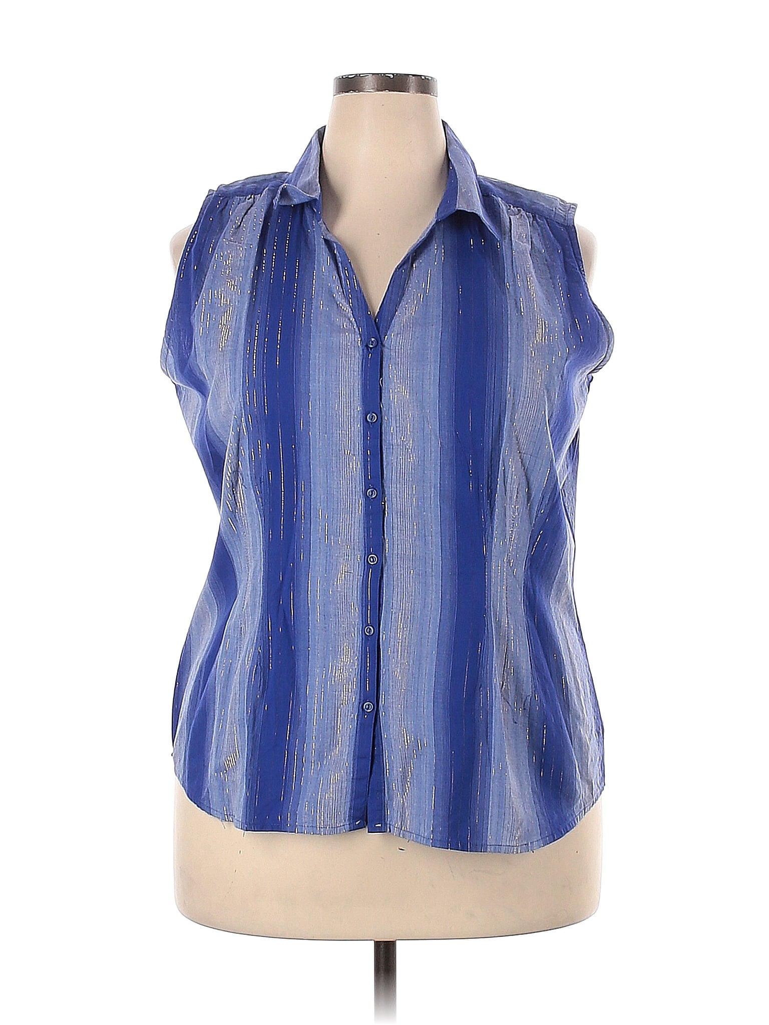 Jaclyn Smith Stripes Blue Sleeveless Button Down Shirt Size Xxl 36