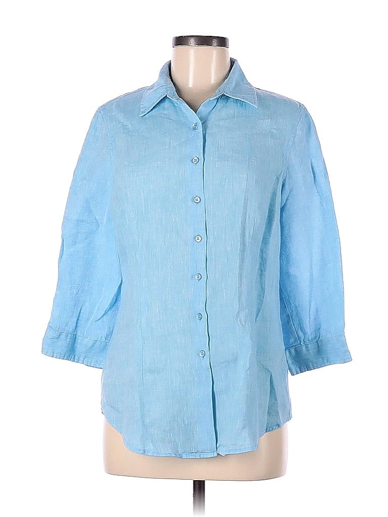 Coldwater Creek 100% Linen Checkered-gingham Blue Long Sleeve Button ...