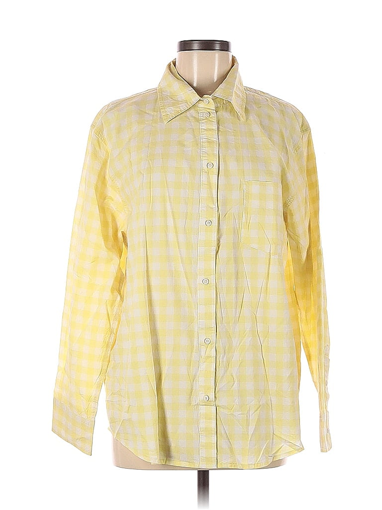Aerie 100% Cotton Houndstooth Checkered-gingham Grid Yellow Long Sleeve Button-Down Shirt Size M - photo 1