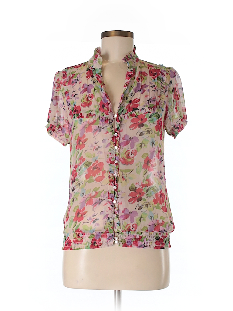 Forever 21 100% Polyester Floral Light Pink Short Sleeve Blouse Size M ...