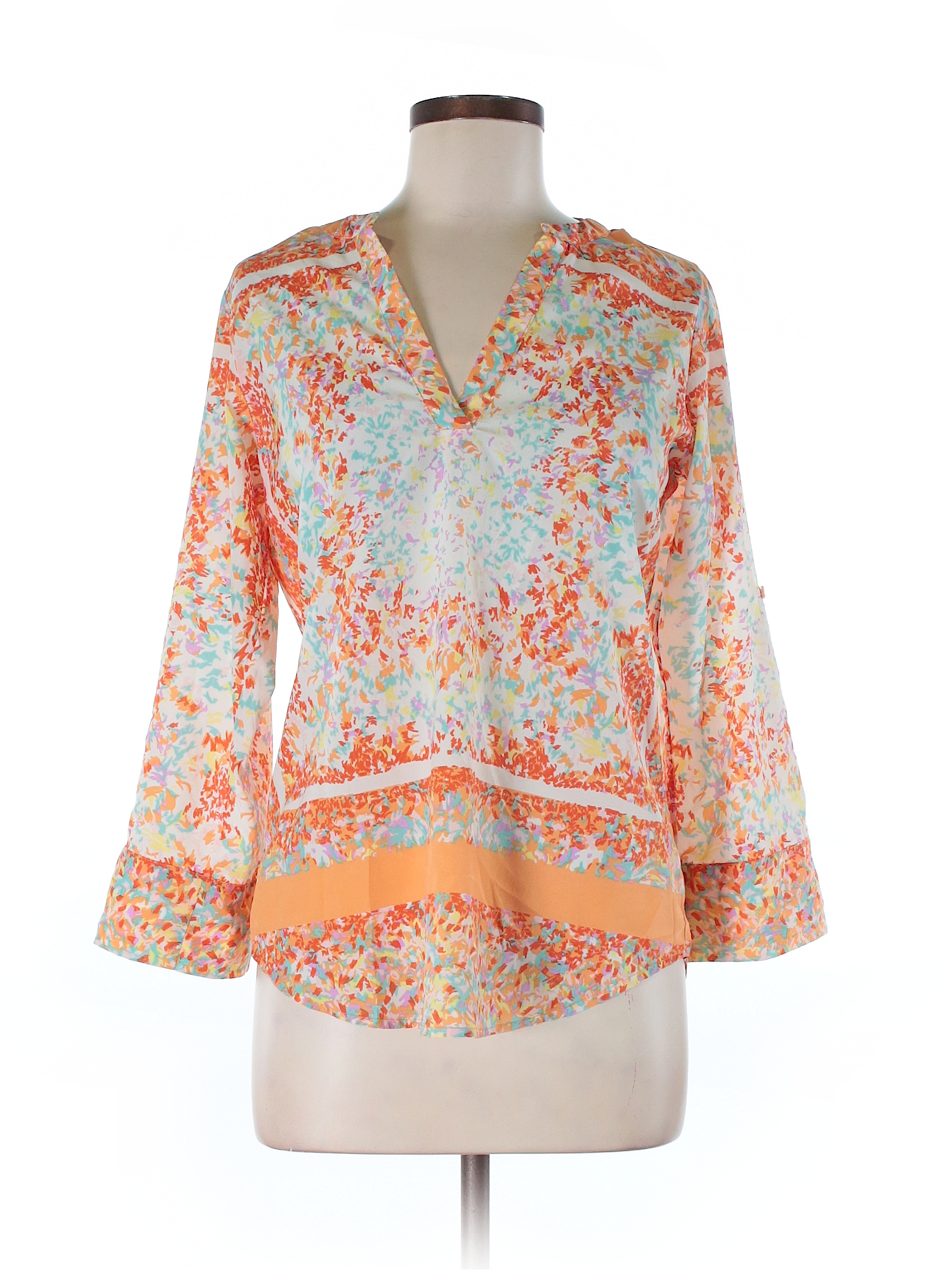 Collective Concepts 100% Polyester Print Orange Long Sleeve Blouse Size ...