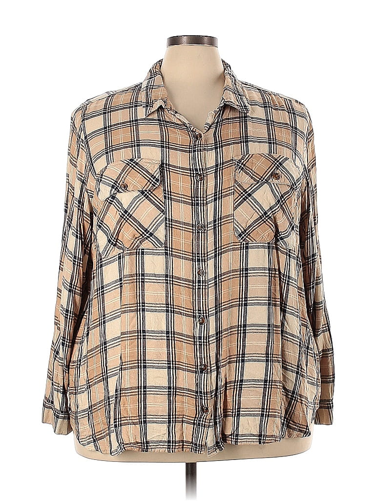 Terra & Sky 100% Viscose Plaid Tan Long Sleeve Button-Down Shirt Size 4X (Plus) - photo 1
