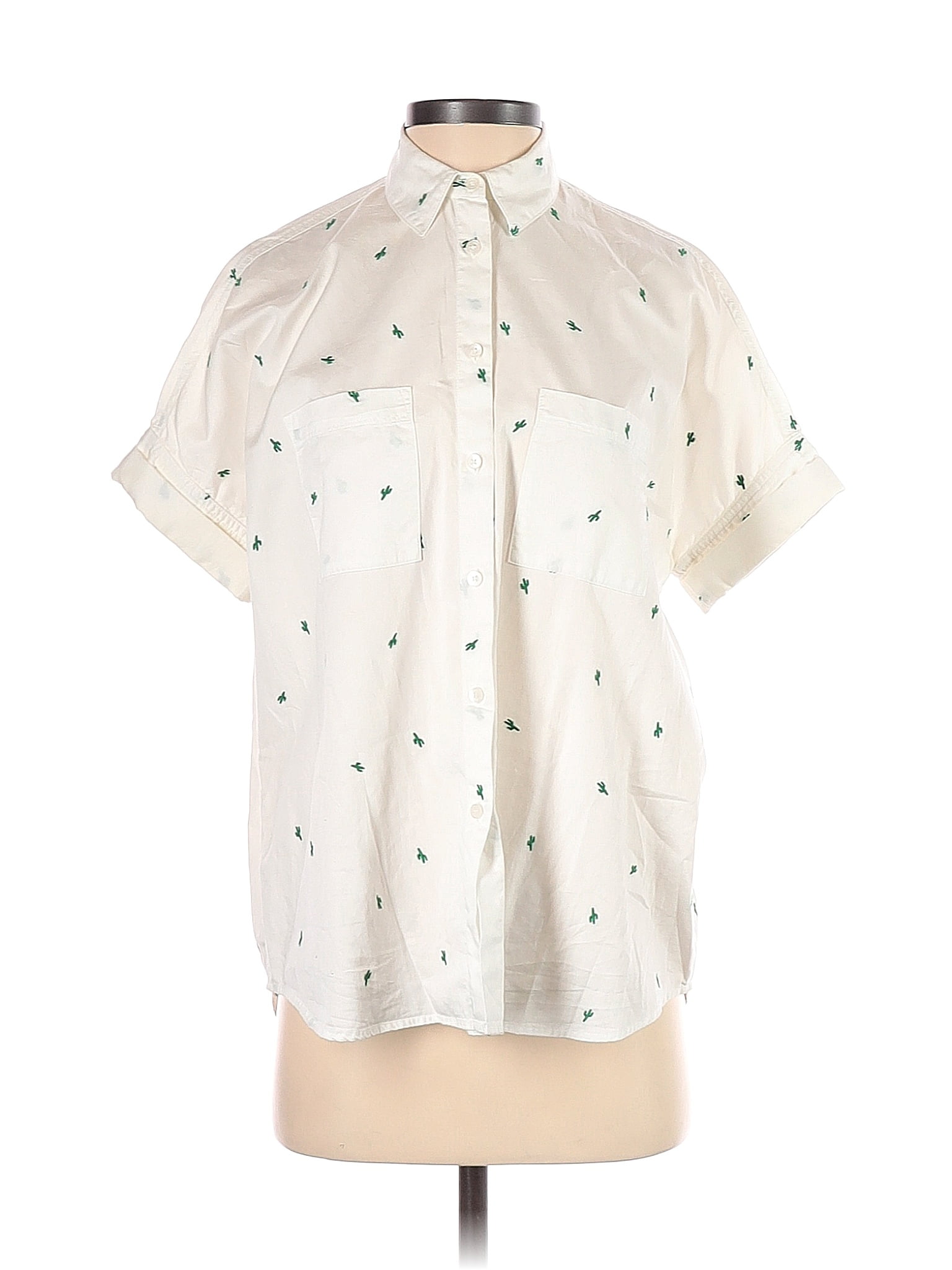 Madewell 100 Polyester Polka Dots White Ivory Short Sleeve Blouse Size