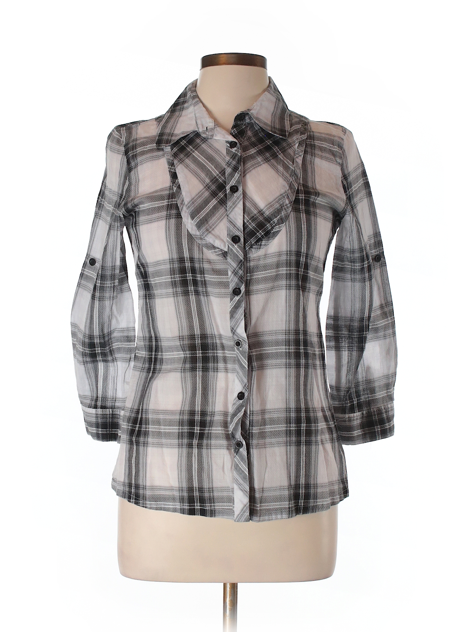 Maurices 100% Cotton Checkered Gingham White Long Sleeve Button-Down ...