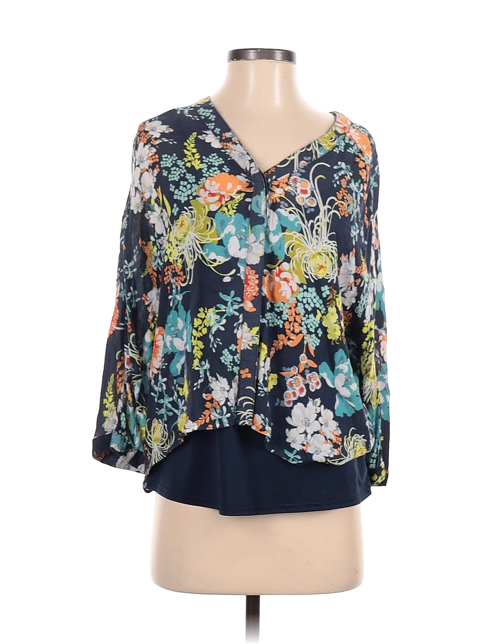 Daniel Rainn 100 Rayon Color Block Floral Multi Color Blue Long Sleeve