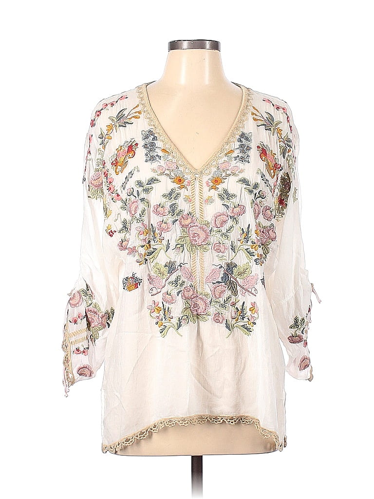 Johnny Was 100% Rayon Floral White Ivory Long Sleeve Blouse Size L - 64 ...