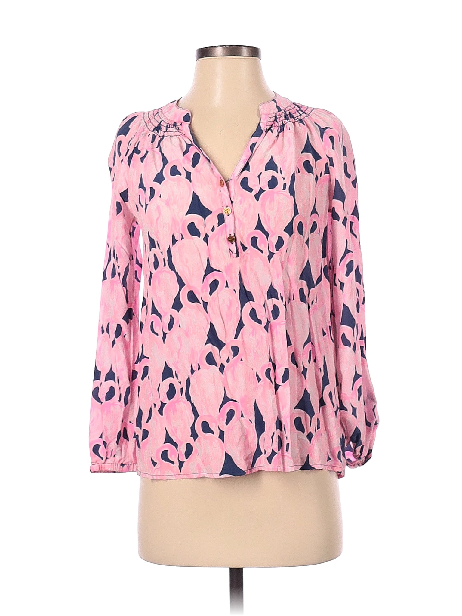 Lilly Pulitzer 100 Silk Floral Pink Long Sleeve Blouse Size Xs 72