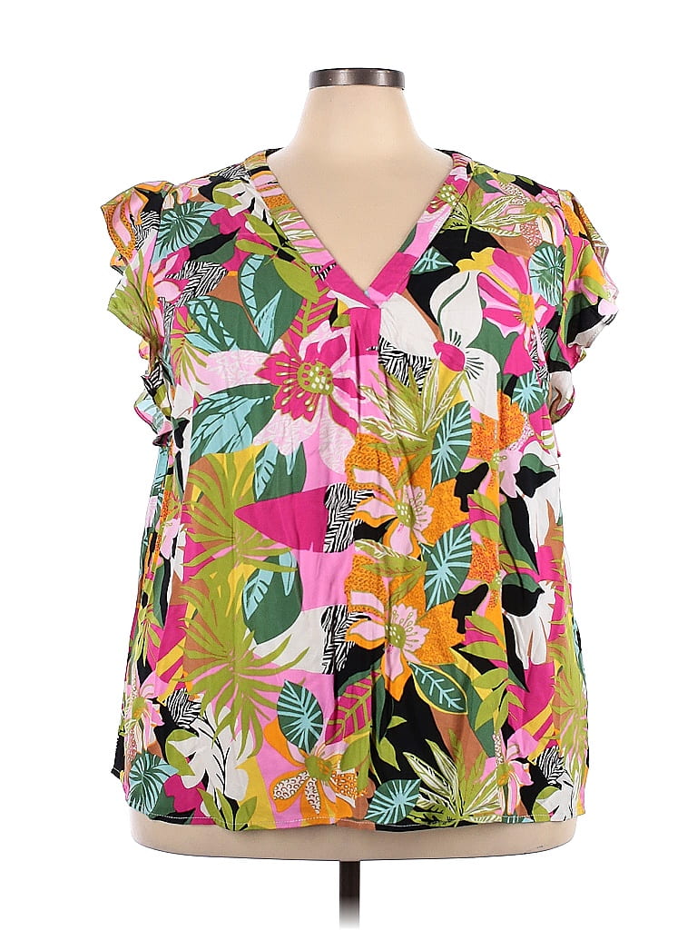 RACHEL Rachel Roy 100% Rayon Tropical Multi Color Pink Short Sleeve ...